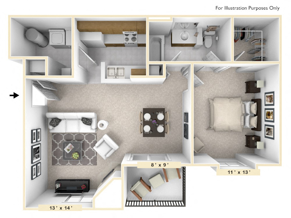 Floor plan for 1 bed, 1 bath, 750 sqft